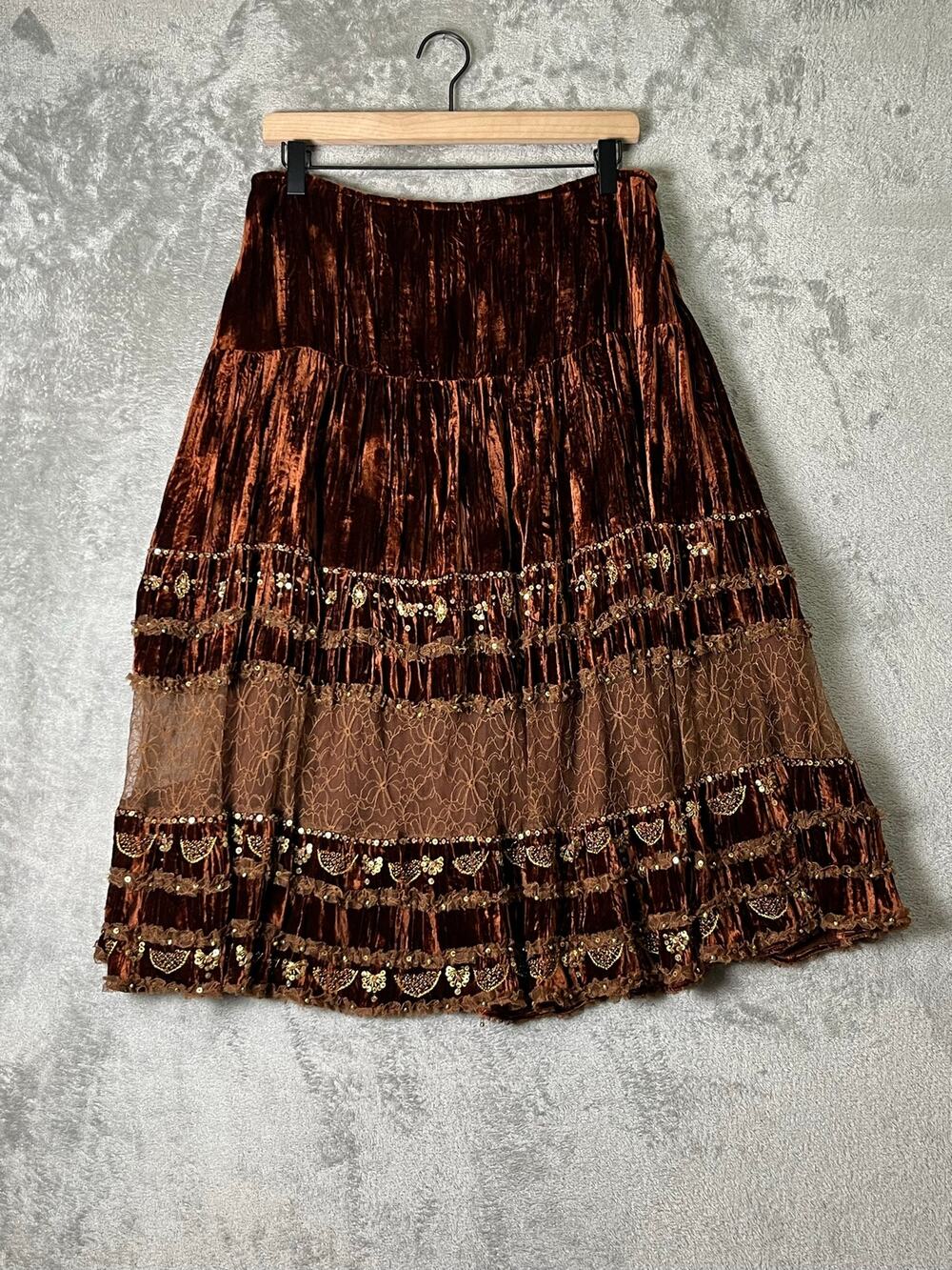 Cache Brown Crushed Velvet Tiered Maxi Skirt Boho Gypsy Fairycore Sequins Lace 8